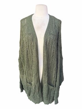 NWT BloomChic Army Green Pointelle Knit Cut Out Pockets Open Front Mid Long Card